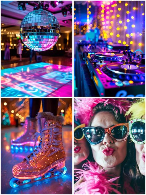 Vibrant Disco Wedding Theme Ideas for a Fun Night Electric Disco Wedding, Disco Night Theme Party, Retro Disco Aesthetic, 70s Disco Aesthetic, Disco Dinner Party, Brides Last Disco, Disco Wedding Theme, Dance Party Theme, Wedding Disco