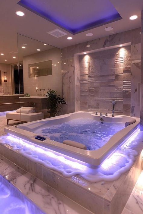 Bathrooms With Jacuzzi Master Bath, Huge Bathtub Luxury, Luxury Bathroom With Jacuzzi, Futuristic Luxury Apartment, Dream Home Bathrooms Luxury, Luxury Interior Design Bathroom, Dream Shower Aesthetic, My Dream Bathroom, Dream House Features