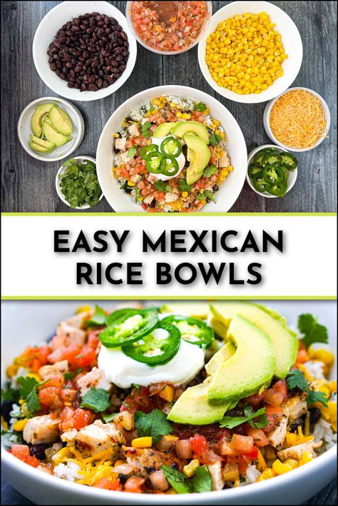 Mexican rice bowl with individual toppings in smaller bowls and text Clean Mexican Rice, Mexican Rice Bowl Recipe Chicken, Nacho Rice Bowl, Rice For Bowls, Mex Bowl Recipes, Healthy Mexican Rice Bowls, Spanish Rice Bowl, Chicken And Rice Bowl Mexican, Mexican Protein Bowl