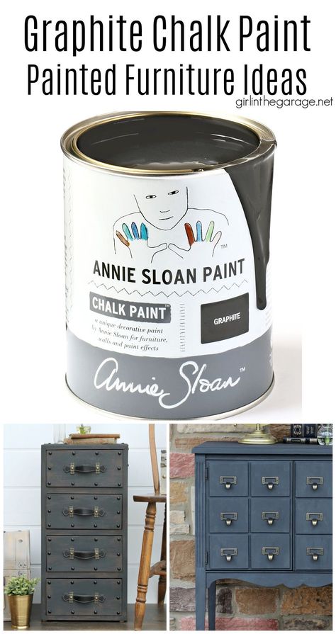 Learn all about Graphite Chalk Paint by Annie Sloan - including how to best use it and seal it. Also see stunning Graphite painted furniture ideas. By Girl in the Garage Graphite Annie Sloan Chalk Paint, Annie Sloan Black Chalk Paint Furniture, Graphite Chalk Paint Furniture, Annie Sloan Graphite Painted Furniture, Chalk Paint Furniture Ideas, Paint Furniture Ideas, Annie Sloan Chalk Paint Graphite, Black Chalk Paint Furniture, Decoupage Desk