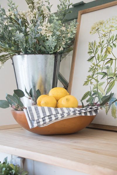 Lemon Decor Ideas, Lemon Centerpieces, Seeking Lavender Lane, Faux Stems, Pop Of Yellow, Lemon Trees, Lemon Kitchen, French Country Living, Lemon Decor