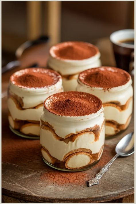 Classic Tiramisu in a Jar Recipe ☕🍮
Savor the classic Italian dessert in an elegant, individual serving! Perfect for dinner parties or a luxurious treat at home.
🌟 Rich espresso-soaked ladyfingers
 🌟 Creamy mascarpone filling
 🌟 Cocoa-dusted top with optional chocolate shavings
Easy to make, visually stunning, and absolutely delicious—this tiramisu in a jar brings an indulgent, coffee-flavored experience with every bite.
#TiramisuInAJar #ItalianDesserts #CoffeeLovers #ElegantTreats Tiramisu Mason Jar Recipe, Tirimasu Cups, Tiramisu In A Jar, Individual Tiramisu, Mascarpone Filling, Mason Jar Recipe, Classic Tiramisu, Decadent Food, Italian Dessert