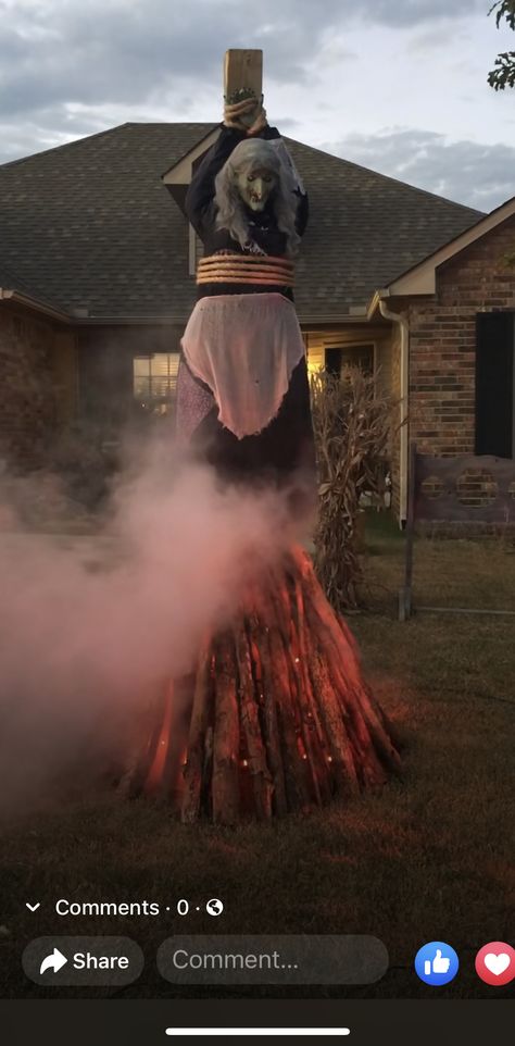 Unsettling Halloween Decorations, Burning Witch Halloween Decoration, Creepy Halloween House Exterior, Scary Halloween Yard Ideas, Horror House Decor Halloween, Halloween House Decorations Outdoor Scary, Witches Room Decor Halloween, Diy Halloween Decorations Outdoor Scary Decorating Ideas, Scary Scenes For Halloween