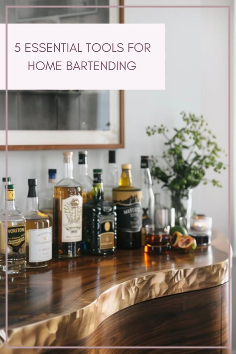 A collection of essential bartending tools laid out on a bar counter, showcasing a shaker, jigger, bar spoon, and more. This visual highlights the necessary equipment for crafting great cocktails at home. Stunning Cocktails, Home Bar Essentials, Dorm Room Wall Art, Deck Dining, Home Bar Cabinet, Home Bar Sets, Balcony Bar, Backyard Balcony, Reposado Tequila