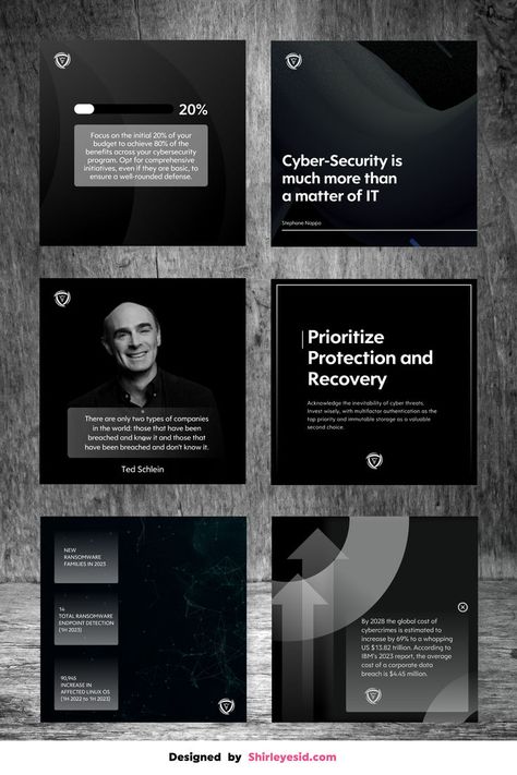 These posts embody a minimalist, black-and-white design that conveys professionalism and seriousness, perfect for cybersecurity firms and tech companies. The use of impactful quotes and statistics ensures that the content resonates with a professional audience while maintaining a sleek and modern look. Find more templates or custom designs on my website. #CybersecurityMarketing #TechInspiration #MinimalistDesign #SocialMediaStrategy Black And White Social Media Post, Black On Black Graphic Design, Consulting Social Media Design, Black App Design, Tech Company Social Media Post, Black And White Social Media Design, Instagram Post Minimalist, Quote Social Media Design, Tech Social Media Design