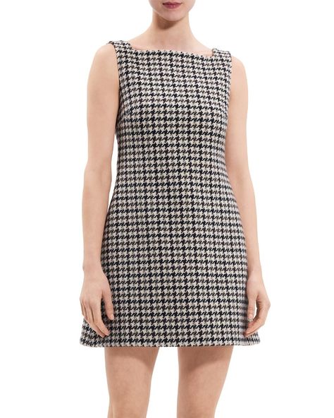 Theory High Square Neck Wool Mini Dress / Gilt Womens Tweed, Theory Dress, Alternate Universe, Houndstooth Dress, Silk Midi Dress, Clothing Designs, White Striped Dress, Wool Fabric, Womens Midi Dresses