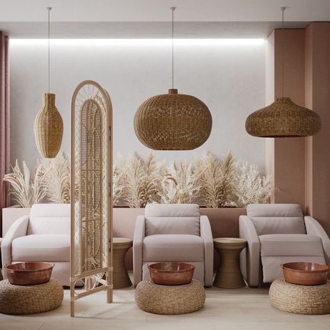 Earthy Beauty Room, Boho Style Beauty Salon, Bali Nail Salon, Neutral Spa Decor, Beauty Center Design Interiors, Bali Spa Interior Design, Bohemian Beauty Salon, Spa Nails Salon Interior Design, Nail Spa Interior Design Small Spaces