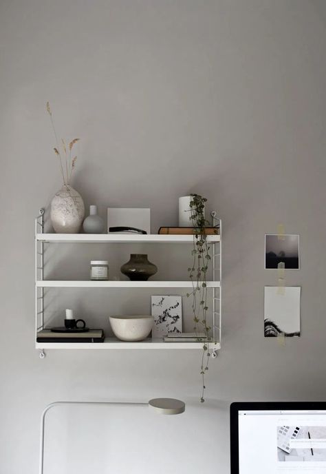 The compact String Pocket shelving system in a minimalist home office | 21 of the best wall-mounted shelving units | These Four Walls blog Desk Space Decor, Shelves Above Desk, Oak Shelving Unit, Mdf Shelving, Storage Solutions For Small Spaces, Interior Design Bloggers, Wall Mounted Shelving Unit, String Shelf, Wood Shelving Units