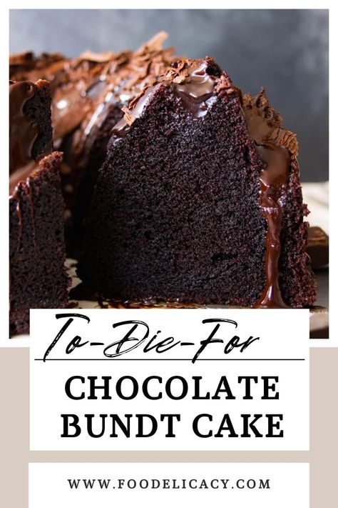 Make your best chocolate bundt cake ever! This rich chocolate cake has rich chocolate flavour and a fluffy, moist texture. It easily transforms into a dreamy chocolate cake with a homemade chocolate glaze or decadent chocolate ganache - it will satisfy all your chocolate cravings. Even without a bundt pan, you can bake the cake batter in regular cake pans and make a beautiful chocolate layer cake. Frost with a classic chocolate buttercream and decorate with fresh berries. | www.foodelicacy.com Chocolate Cake Glaze, Bundt Pound Cake Recipes, Dark Chocolate Bundt Cake, Best Chocolate Bundt Cake, Moist Chocolate Bundt Cake, Bundt Pound Cake, Chocolate Bundt Cake Recipe, Regular Cake, Simple Cakes