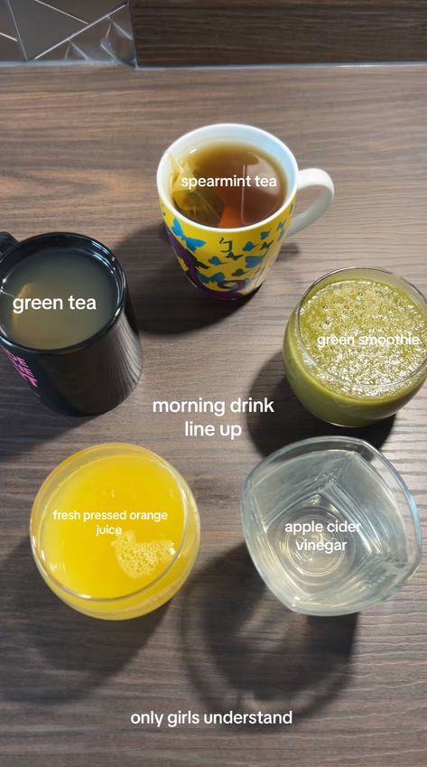 Morning Drinks Aesthetic, Morning Drink Lineup, Wellness Drinks, Healthy Morning Drinks, Health Drinks, Morning Drinks, Healthy Lifestyle Food, Healthy Food Motivation, Healthy Food Dishes