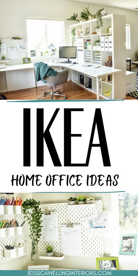 This Ikea home office makeover is full of simple Ikea home office furniture ideas to inspire you! It features the Kallax bookshelf as a room divider. Spare Office Ideas, Home Office Ideas Using Ikea Furniture, Office Storage Ideas Ikea, Cube Storage Desk Ideas, Room Divider For Home Office, Ikea Office Organization Ideas, Kallax Ikea Office, Home Office With Storage Ideas, Square Home Office Layout Ideas