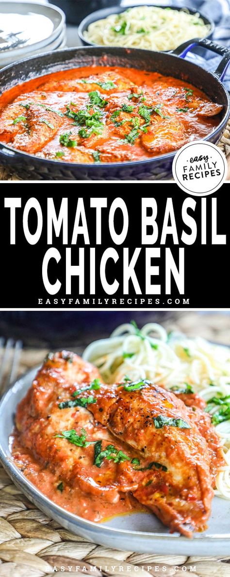 This chicken breast simmered in tomato basil cream sauce is unbelievably DELICIOUS! It is super simple to make with only a few ingredients and one skillet but tastes just like it came out of a restaurant. It is my favorite chicken breast recipe of all time! Even the kids clean their plates when we make this easy dinner! Creamy Tomato Basil Chicken, Tomato Basil Cream Sauce, Tomato Basil Chicken Recipe, Tomato Basil Recipes, Chicken Basil Pasta, Basil Cream Sauce, Tomato Basil Chicken, Tomato Cream Sauce, Chicken Skillet