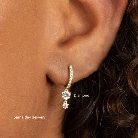 Hoop Earrings With Charm, Diamond Huggie Earrings, Diamond Huggies, Simple Diamonds, Diamond Dangle Earrings, Earrings Diamond, Gauged Earrings, Diamond Charm, Huggie Earrings