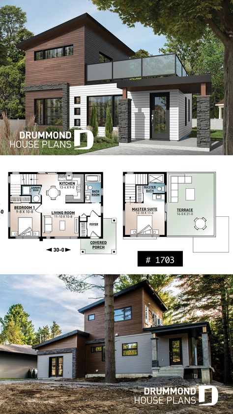 2-storey 2 bedroom small and tiny Modern house with deck on 2nd floor, affordable building costs Tiny Modern House, House With Deck, Home Designs Exterior, Modern House Floor Plans, Basement House Plans, Building Costs, Small Modern Home, Exterior Bloxburg, Exterior Modern