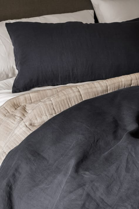 A Darker Bed Palette - Studio McGee Bed Palette, Dark Grey Bedding, Boy Apartment, Masculine Bedding, Dark Bedding, Beige Duvet, Men's Bedding, Grey Bedroom Ideas, Black Comforter