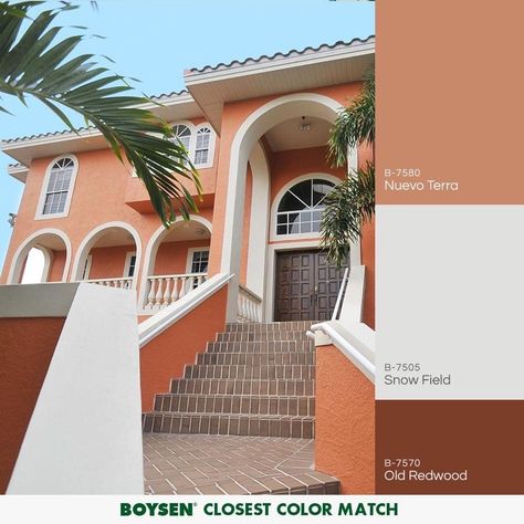 Unique Color House Exterior, Peach Home Exterior, Coral Colored Houses Exterior, Clay Color House Exterior, Orange House Exterior Paint Colours, White And Terracotta House Exterior, Terracotta Home Exterior, Home Exterior Colors Stucco, Terracotta Exterior House Colors