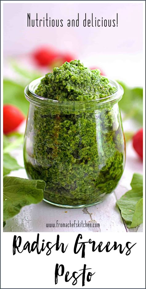 Radish Greens Pesto packs a peppery, nutritional punch! Be sure to save those radish tops for this easy to make, delicious pesto! #radishgreens #radishgreenspesto #radish #pesto #wastenot Radish Pesto, Radish Tops, Radish Greens, Radish Recipes, Green Pesto, Csa Recipes, How To Make Pesto, Chef's Kitchen, Marinade Recipes