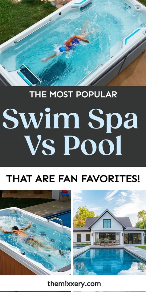 Comparison of swim spa and in-ground pool highlighting their popularity with swimmers enjoying each. Swim Spa Deck Ideas, Spa Deck Ideas, Swimming Pond Ideas, Large Swim Spa, Indoor Swim Spa, Swim Spa Ideas, Swim Spa Deck, Outdoor Swim Spa, Swim Spa Landscaping