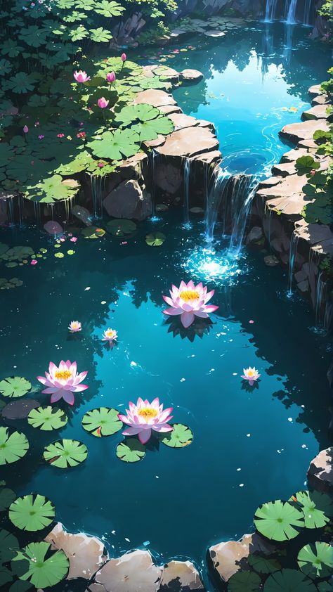 anime wallpaper, wallpaper hd, phone wallpaper, anime aesthetic, flowers, lotus, pond, waterfalls, anime landscape, background, studio ghibli Pond Wallpaper Aesthetic, Studio Ghibli Background Aesthetic, Pretty Anime Wallpaper, Anime Aesthetic Flowers, Studio Ghibli Lockscreen Aesthetic, Cute Soft Aesthetic Wallpaper, Anime Water Wallpaper, Anime Scenery Wallpaper Aesthetic, Anime Flower Aesthetic