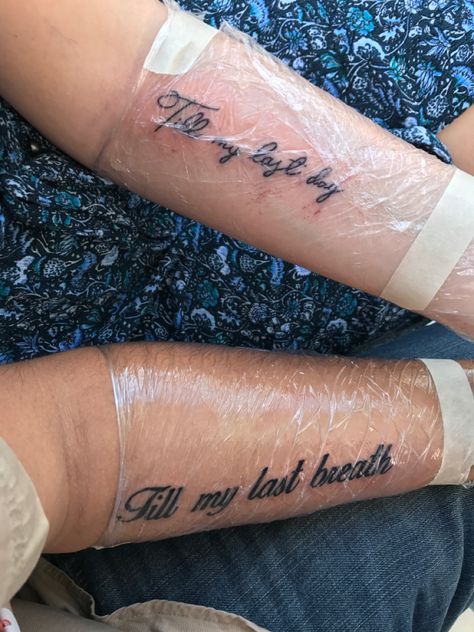 his and hers tattoos Matching Quote Tattoos For Couples, Tattoos For Husband And Wife Marriage, For Her Always Tattoo, Trouble Tattoo Ideas, Sentimental Couple Tattoos, Husband And Wife Tattoos Unique Country, We Got This Tattoo, Wife Husband Tattoo, Couple Wedding Tattoos