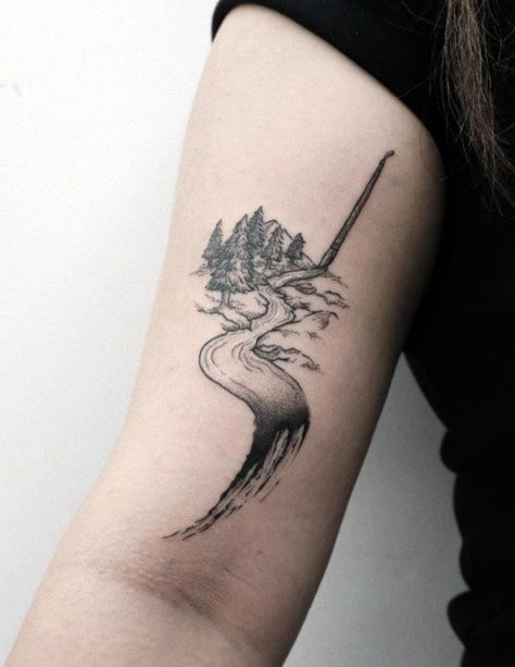 River And Trees Tattoo, Flowing River Tattoo, River Sleeve Tattoo, River Tattoos For Women, Whitewater Tattoo, Riverbank Tattoo, River Tatoos Ideas, Tree And River Tattoo, Japanese River Tattoo