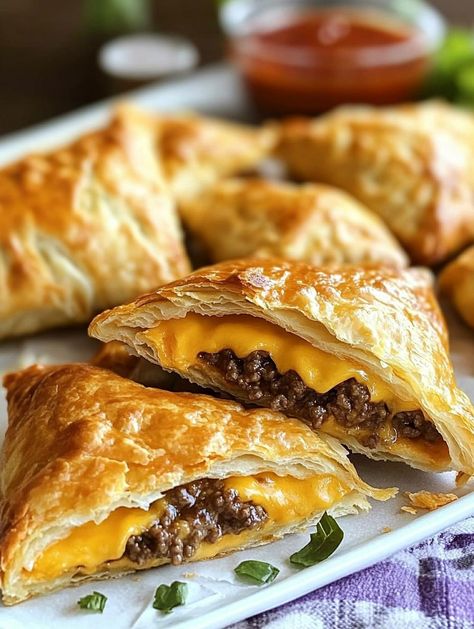 Cheeseburger Pockets Crescent Roll Cheeseburger Pie, Hamburger Pockets Ground Beef, Burger Crescent Rolls, Cheeseburger Pockets Crescent Rolls, Cheeseburger Puff Pastry, Cooking Recipes For Dinner Ground Beef, Crescent Roll Hamburger Recipes, Puff Pastry Ground Beef Recipes, Fun Food Ideas For Dinner