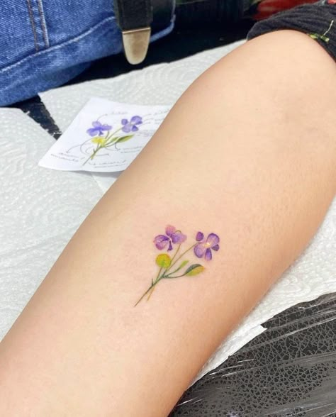 Purple Flowers Tattoo, Dainty Tattoos For Women, Filter Tattoo, Purple Flower Tattoos, Violet Flower Tattoos, Iris Flower Tattoo, Flower Tats, Cosmos Tattoo, Violet Tattoo