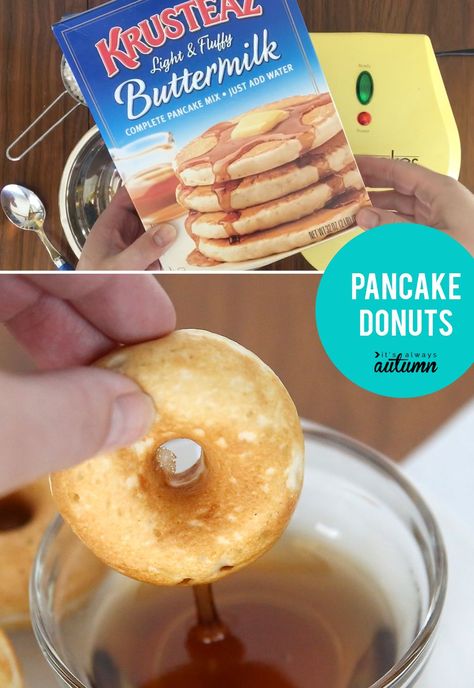 Pancake donuts are a fun, easy breakfast idea for kids! Donut Truck Ideas, Gabby Crafts, Mini Donut Maker Recipes, Donut Maker Recipes, Mini Donut Maker, Krusteaz Pancake Mix, Mini Donut Recipes, Cake Mix Donuts, Mini Donuts Maker