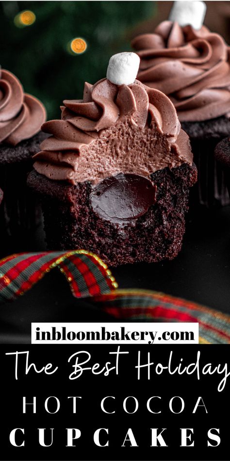 Cool Baking Recipes Desserts, Chocolate Ganache Filled Cupcakes, Ganache Filling For Cupcakes, Ganache Hot Chocolate, Hot Cocoa Buttercream, Chocolate Ganache Filling Cupcakes, Hot Coco Cupcake, Peppermint Hot Chocolate Cupcakes, Easy Birthday Treats For Adults