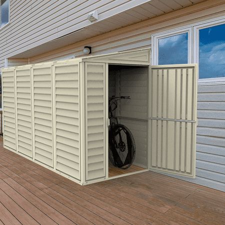 The 4' x 10' Sidemate is designed to lean up against the side of your home. The generous 10' depth gives you a large 175 cubic feet of storage space in a narrow side corridor of your home. The SideMate 4x10 vinyl shed is an easy-to-assemble outdoor storage solution designed to be placed on the side of your home. The contemporary design beautifies any backyard while maximizing storage space for yard tools or garden equipment. Constructed of durable all weather vinyl in a neutral ivory color, the SideMate vinyl shed is maintenance free. It will never need painting or treating. It will not rust, dent, rot, mildew or fade. It is also fire retardant and much quieter in the rain than metal storage sheds. The wall columns are reinforced with a solid metal structure, giving the vinyl shed a lot of Outside Sheds, Plastic Storage Sheds, Resin Sheds, Vinyl Sheds, Outdoor Storage Solutions, Shed Floor, Lean To, Outdoor Storage Shed, Metal Storage Sheds