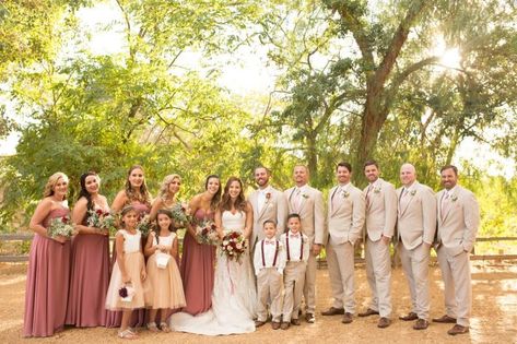 Mauve Bridesmaid Dress With Tan Suit Groomsmen, Dusty Pink And Khaki Wedding, Dusty Rose Bridesmaid Dresses With Groomsmen, Beige Suits Wedding Groomsmen, Dusty Pink And Tan Wedding, Dusty Pink And Beige Wedding, Rustic Bridal Party Attire, Dusty Pink Groomsmen Attire, Tan Groomsmen Suits With Bridesmaids