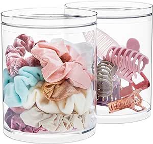 Cluttered Bathroom, Bedroom Must Haves, Scrunchie Holder, Beauty And Self Care, Round Vanity, Bathroom Organizing, Girly Bathroom, Diy Hair Scrunchies, Clear Plastic Containers