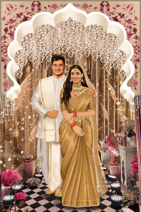 Reception Illustration, Nikah Ideas, Couple Illustrations, Bride To Be Decorations, Caricature Wedding Invitations, Wedding Illustration Card, Couple Illustration Wedding, Bride And Groom Cartoon, Wedding Couple Cartoon