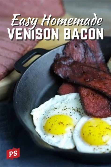 Venison bacon is an easy and delicious way to use your venison harvest. Unlike bacon in the traditional sense, deer bacon is traditionally made from a combination of ground venison and a fatty cut of pork versus a whole muscle meat like pork belly. Because venison is extremely lean, the pork is added to create that mouthwatering fattiness you love in traditional bacon. A mixture of cure and smoke adds that crispy, smoky bacon flavor to deer bacon. Deer Bacon Recipes, Venison Bacon Recipe, Processing Venison, Deer Breakfast Sausage Recipe, Deer Bacon, Venison Bacon, Venison Sausage Recipes, Venison Sausage, How To Cook Venison