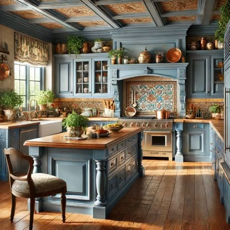 Cottage Blue Kitchen, Blue Cottage Kitchen, Vintage Blue Kitchen, Country Blue Kitchen, Blue Farmhouse Kitchen, French Blue Kitchen, Classical Kitchen, Spanish Home Decor, Country Cottage Farmhouse