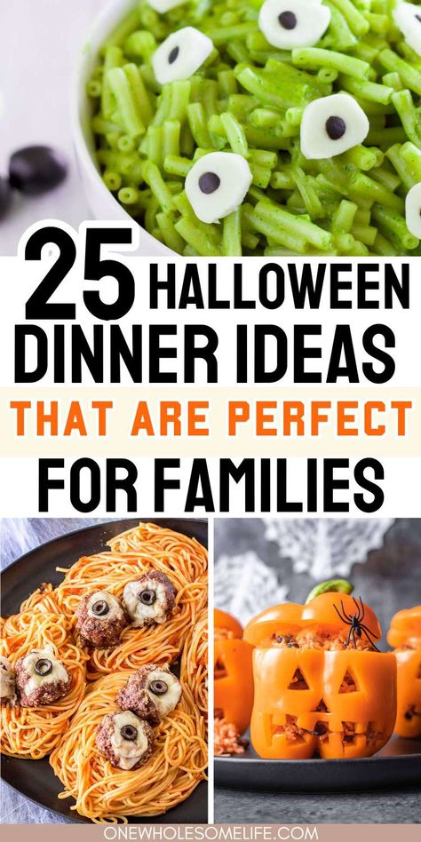 Collage of halloween dinner ideas. Halloween Dinner Kid Friendly, Kids Halloween Food Party Ideas, Easy Halloween Foods For Kids, Spooky Date Night At Home Food, Halloween Kids Meal Ideas, Easy Halloween Meals For Kids, Halloween Theme Dinner Food, Simple Halloween Recipes For Kids, Fun Halloween Dinners For Kids