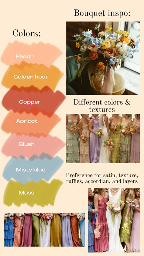 Sunset Bridesmaid Dresses Color Schemes, Sunset Bridesmaid Dresses, Bridesmaid Dresses Color Schemes, Bridesmaid Dress Color Schemes, 2026 Wedding, Mismatched Bridesmaids, Bridesmaid Dress Colors, Tying The Knot, Tie The Knots