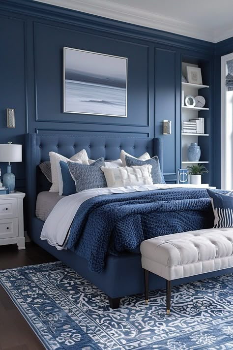 29 Bright Blue Boho Bedroom Ideas for a Vibrant and Relaxing Retreat 11 Ornate Chandelier, Navy Bedroom Decor, Royal Blue Bedrooms, Blue And Gold Bedroom, Taupe Bedroom, Navy Bedrooms, Navy Blue Bedrooms, Dark Blue Bedrooms, Design Ložnic