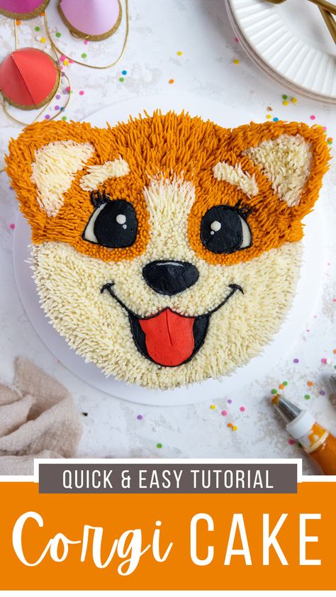 Cake Decorated Like A Dog, Dog Cake Design Ideas Simple, Cute Animal Birthday Cake, Corgi Cake Ideas, Corgi Birthday Cake, Puppy Birthday Cake For Kids, Puppy Cakes For Kids, Cute Animal Cakes, Birthday Animal Cake