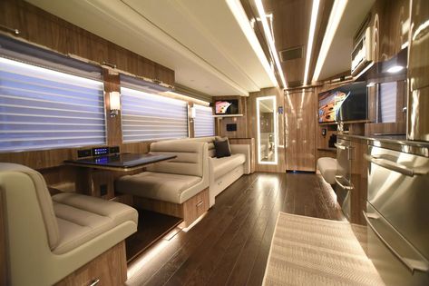 Tour Bus Interior, School Bus House, Star Bus, Luxury Campers, Bus Interior, Luxury Rv, Tour Bus, Large Baths, Bus Travel