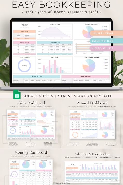 Effortlessly manage finances with the Small Business Bookkeeping Spreadsheet & Expense Tracker by HayeAmeri. Input transactions for automatic calculations, and gain insights through monthly, annual, and five-year dashboards. Enjoy beginner-friendly design, multi-currency support, and customizable tabs. Simplify small business bookkeeping and optimize financial management today! Planning Spreadsheets, Notion Tips, Bookkeeping Spreadsheet, Business Finance Management, Finance Planning, Manage Finances, Excel Budget Spreadsheet, Budget Spreadsheet Template, Finance Dashboard