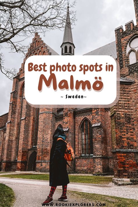 A girl looking back at the spire of the Sankt Petri Kykra (St. Peter's Church) in Malmo, Sweden. The image reads "Best Photo Spots in Malmo by RooKiExplorers". Read now or save it for your future trip. Malmo | Travel | Instagram Spots. Scandinavian Travel, Malmo Sweden, Finland Travel, Sweden Travel, Europe Trip Itinerary, Coastal City, Dream Vacations Destinations, Travel Photography Tips, Scandinavia Travel