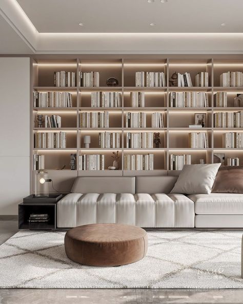 Bookshelf Wall Bedroom, Home Library Room Luxury, Two Story Library, Library Bedroom Ideas, Wall Cabinets Living Room, Elegant Library, Modern Home Library, Library Tables, Public Library Design