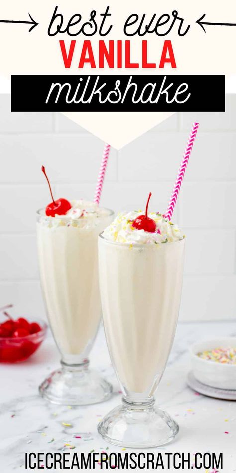 This homemade vanilla milkshake recipe is sweet, simple, creamy, and perfect, made with just three ingredients, and ready in 5 minutes. How To Make A Good Milkshake, Milkshake Recipe Easy Vanilla, Vanilla Ice Cream Milkshake Recipes, Homemade Vanilla Milkshake Recipe, Milkshakes And Smoothies, How Do You Make A Milkshake, Mcdonalds Milkshake Recipe, Best Vanilla Milkshake Recipe, How To Make Milkshakes With Ice Cream