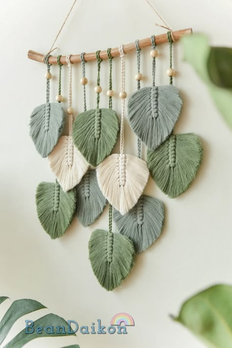 Green Leaves Macrame Wall Hanging Macrame Feather Wall Decor | Etsy Leaves Macrame, Macrame Feather Wall Hanging, Wall Macrame, Feather Wall Decor, Macrame Feathers, Feather Wall Hanging, Macrame Wall Hanging Diy, Hanging Diy, Weaving Ideas