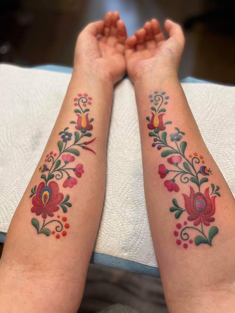 Hungarian folk art embroidery tattoo flowers on a vine Czech Flower Tattoo, Hungarian Flowers Tattoo, Tattoo That Looks Like Embroidery, Polish Traditional Tattoo, Hungarian Symbols Tattoo, Polish Flowers Tattoo, Folk Flowers Tattoo, Traditional Swedish Tattoo, Traditional Hungarian Tattoo