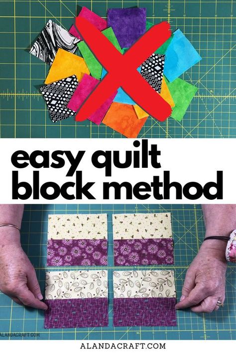 This is an easy and quick way to sew together a patchwork quilt block. You don't need to cut little squares and pain stakingly sew them all together. This makes is super easy. Step-by-step tutorial. Quilt Patterns Easy Squares, Beginner Quilt Patterns Free, Easy Quilting Techniques, 4 Patch Quilt, Quick Quilts, Quilt Blocks Easy, Big Block Quilts, Quick Quilt, Scrappy Quilt Patterns