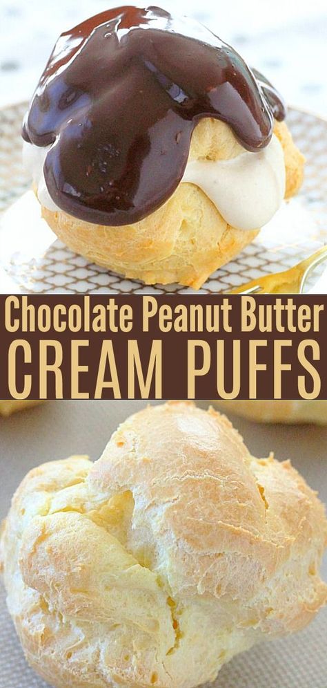 Homemade cream puffs filled with peanut butter whipped cream and topped with chocolate ganache. Peanut Butter Cream Puffs, Peanut Butter Pastry Cream, Peanut Butter Puff Pastry, Peanut Butter Pastry, Cream Puffs Recipe Easy, Buckeye Candy, Homemade Cream Puffs, Cream Puffs Recipe, Cream Puff Filling