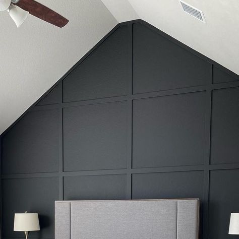 Handymanfelipe LLC on Instagram: "Bedroom Accent Wall ❤️" Cathedral Ceiling Living Room Accent Wall, Black Accent Wall Vaulted Ceiling, Attic Accent Wall, Accent Wall With Peaked Ceiling, Accent Wall Bedroom Cathedral Ceiling, Vaulted Accent Wall Bedroom, Bedroom Accent Wall Vaulted Ceiling, Attic Bedroom Ideas Angled Ceilings Accent Wall, Vaulted Bedroom Accent Wall