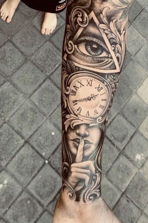 Forearm Eye Tattoo, Eye Tattoo On Arm, Seeing Eye Tattoo, Clock Tattoos, Arm Tattoos For Guys Forearm, All Seeing Eye Tattoo, Sleeve Tattoos For Guys, Lion Head Tattoos, Clock Tattoo Design